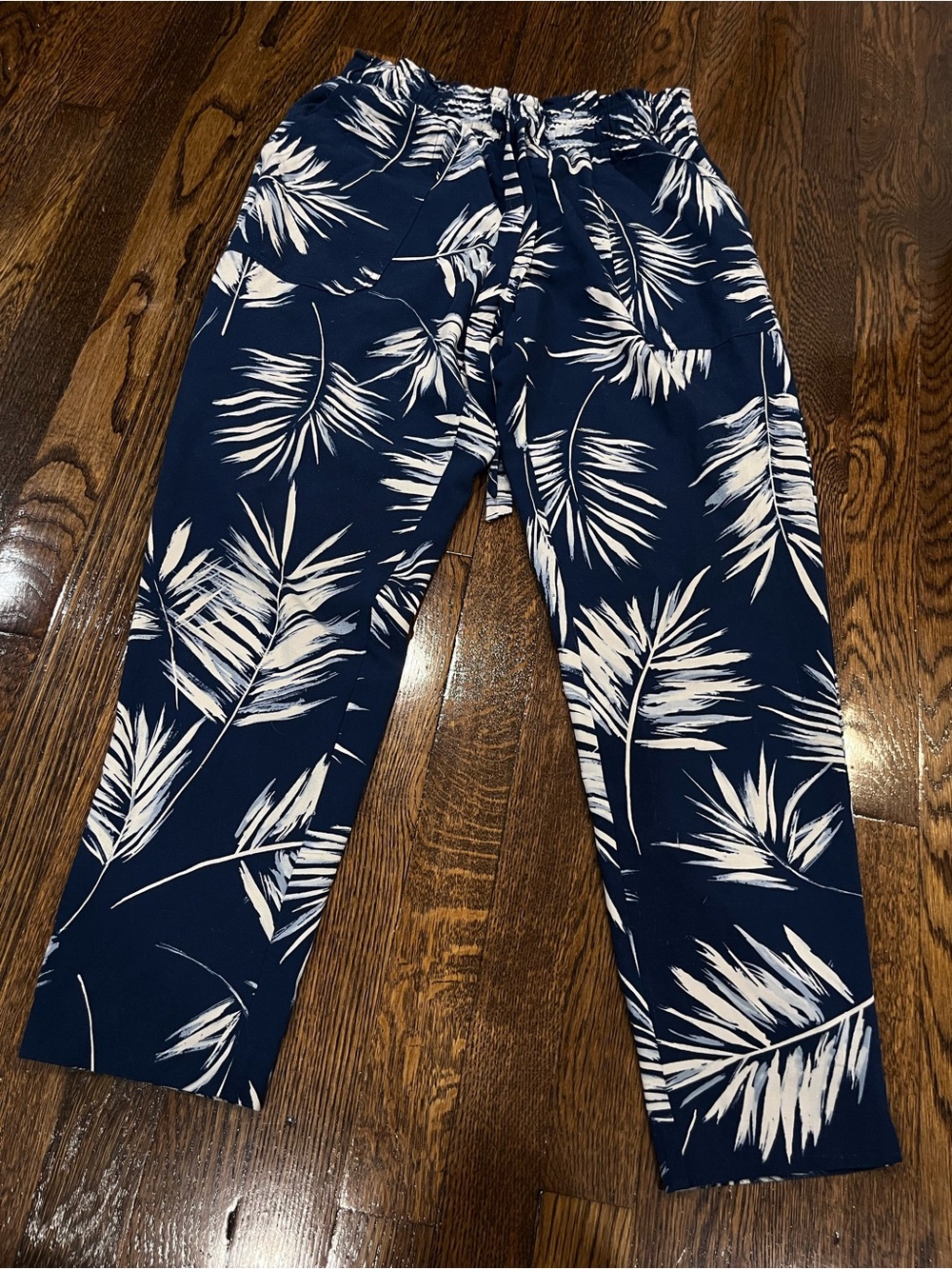 Kids Navy and White Palm Print Drawstring Pants
